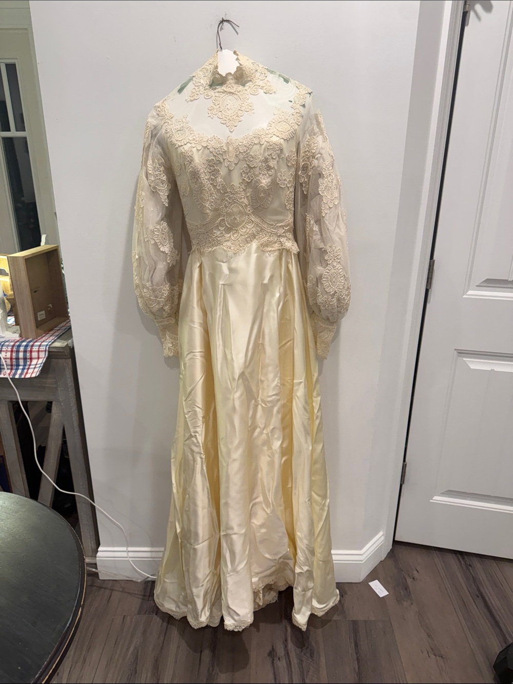 Cream Lace & Satin Long Formal Dress with High Neck